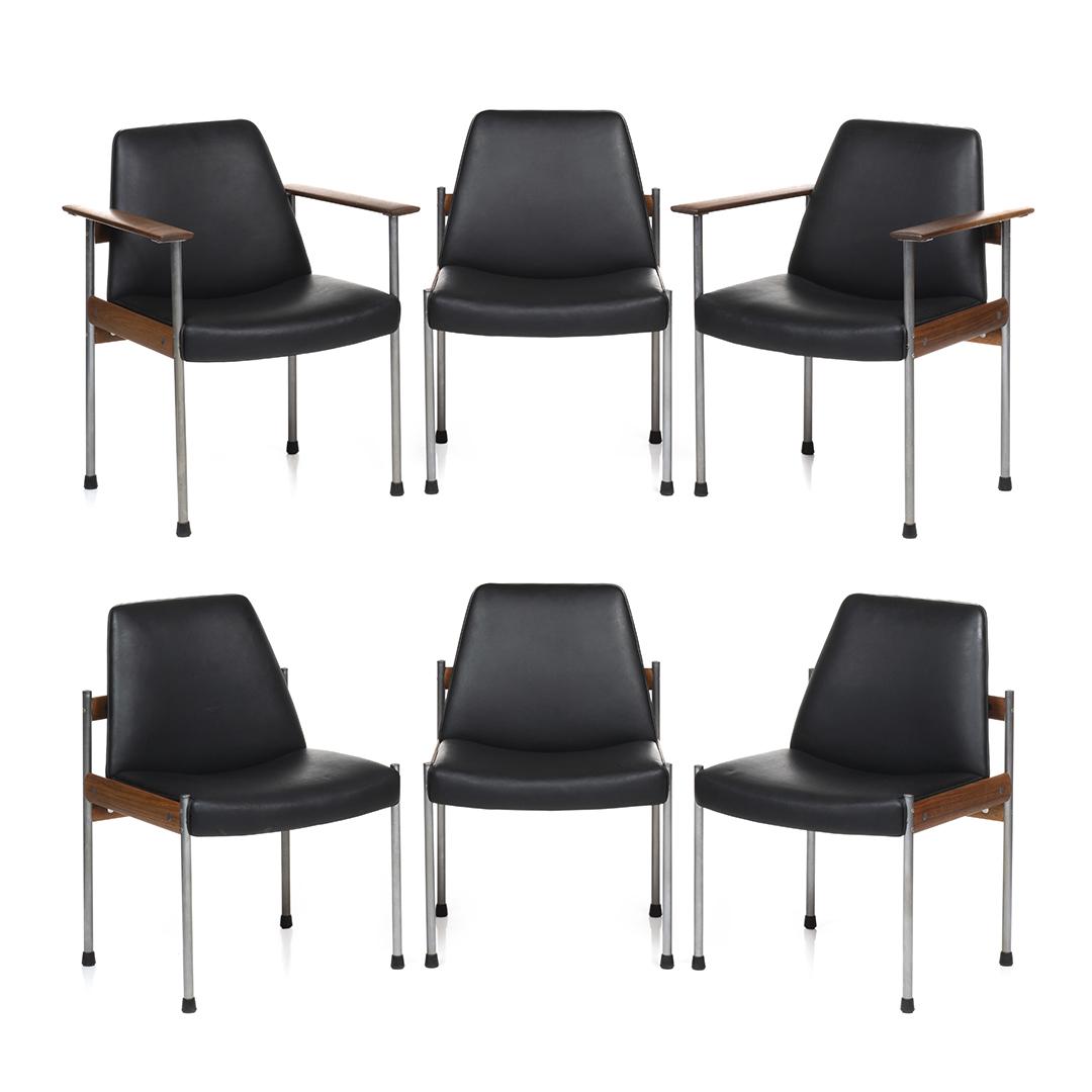 Sven Ivar Dysthe Dining Chairs (6): Set of six black leather, steel and teak dining chairs by Sven Ivar Dysthe for Dokka Mobler, Norway, 1960s.