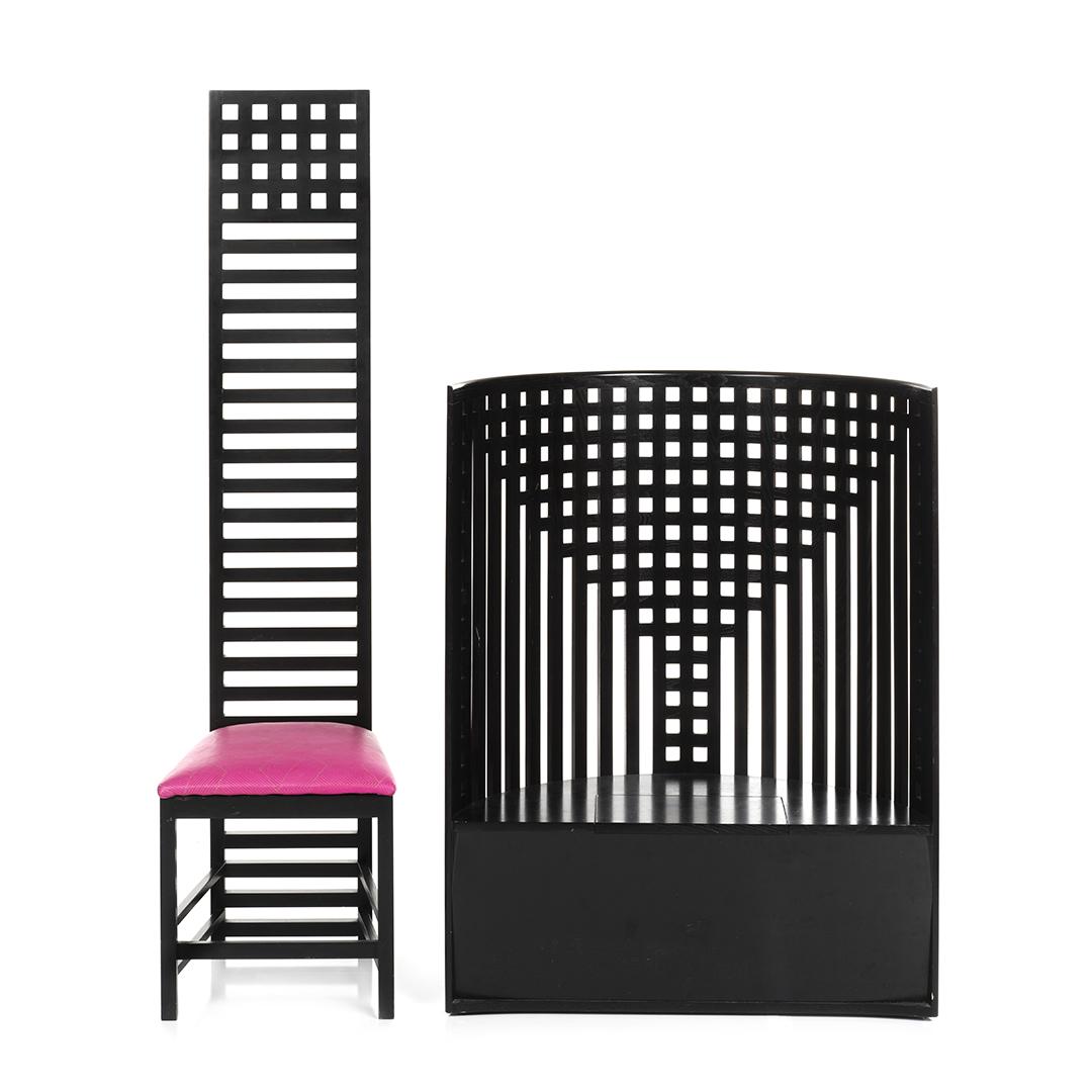 Charles Rennie Macintosh Hill Chair and Willow Bench: High-backed Hill chair and Willow bench by Charles Rennie Macintosh, produced by Cassina, Italy, 1980s.Hill Chair: 69.75 x 17.75 x 18.5 in.; Willow Bench: 47.5 x 36.5 x 17.5 in.