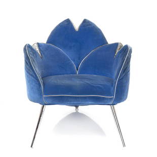 Masanori Umeda (Attributed) Lounge Chair: Three-legged blue velvet and aluminum lounge chair suggesting a flower with embellished segments attributed to Masanori Umeda for Edra, Italy, ca. 1990.