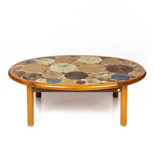 Tue Poulsen Tile-Top Coffee Table: Tile-top coffee table with sculptural walnut frame by Tue Poulsen for Haslev Mobelsnedkeri S/A, Denmark, 1960s. Side of table with maker's mark.