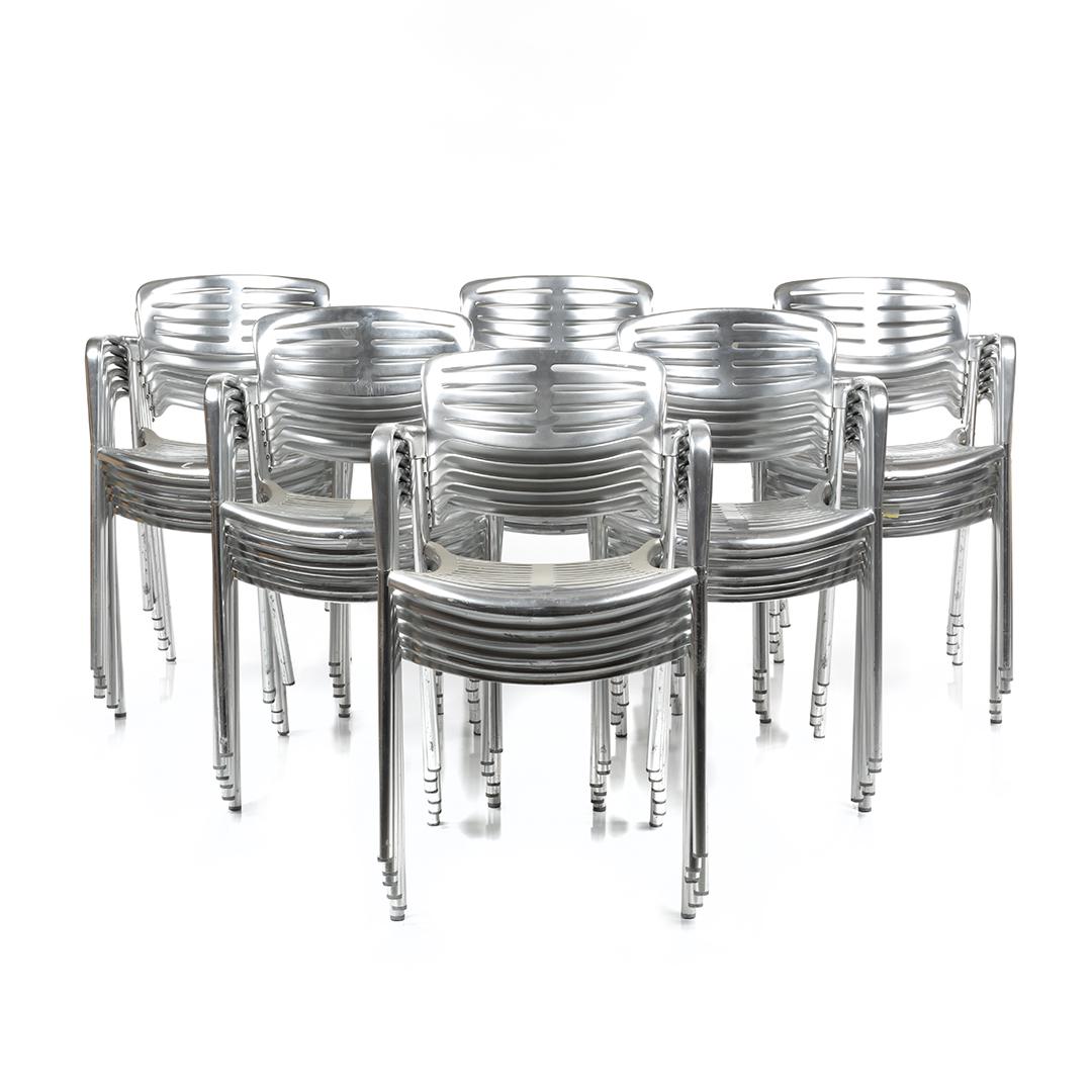 Jorge Pensi Toledo Armchairs (38): Set of 38 cast aluminum Toledo stacking armchairs by Jorge Pensi for Amat, Spain, 1986-1988. Underside of chairs molded with manufacturer information.