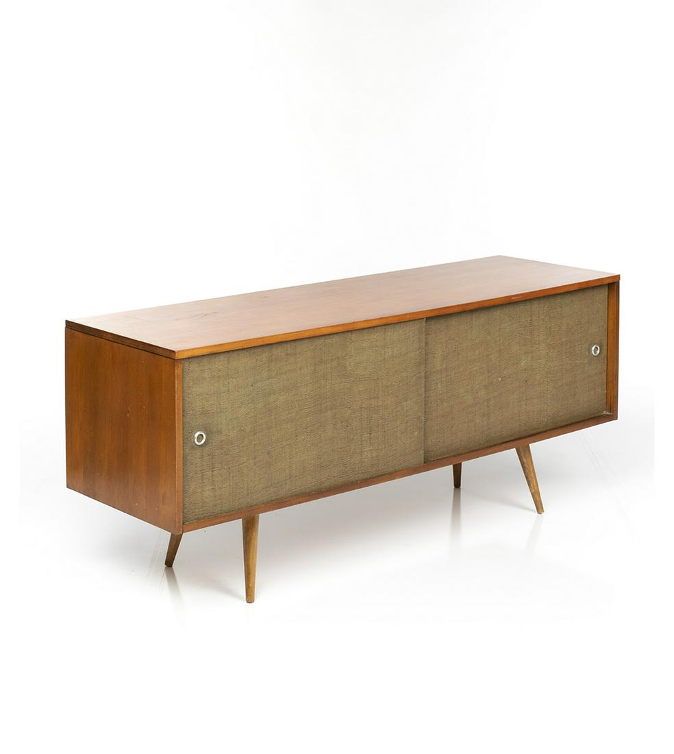 Paul McCobb Planner Group Credenza: Maple Planner Group credenza with two sliding grasscloth doors by Paul McCobb for Winchendon, 1950s. Branded with maker's mark.