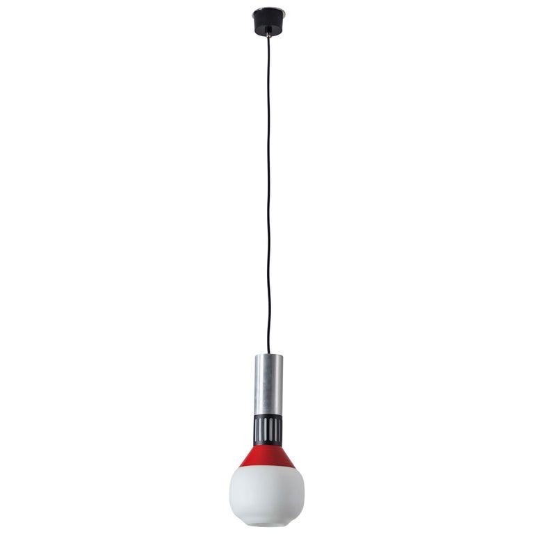 Stilnovo Pendant Lamp: Lacquered aluminum, acrylic and brushed satin glass pendant by Stilnovo, Italy, 1950s.