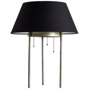 Benjamin Baldwin Table Lamp: Nickel-plated brass and steel table lamp with original linen shade by Benjamin Baldwin, 1960s.