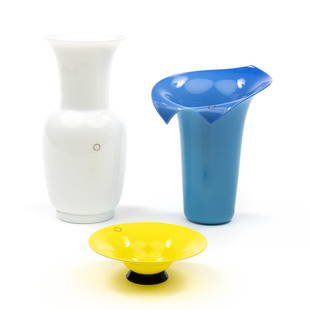 Venini Glass Group (3): Opaque lattimo glass vase, yellow bowl, and blue glass Calla vase by Tyra Lundgren by Venini, Italy, 2002. Signed and dated to underside.