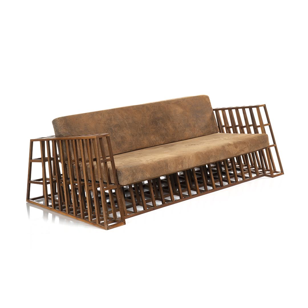 Constructivist Sofa: Constructivist sofa composed of openwork walnut frame and fabric cushions, 1990s.