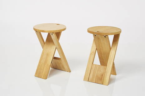 Roger Tallon Folding Stools (2): Pair of oak TS folding stools by Roger Tallon for Sentou, France, 1970s.