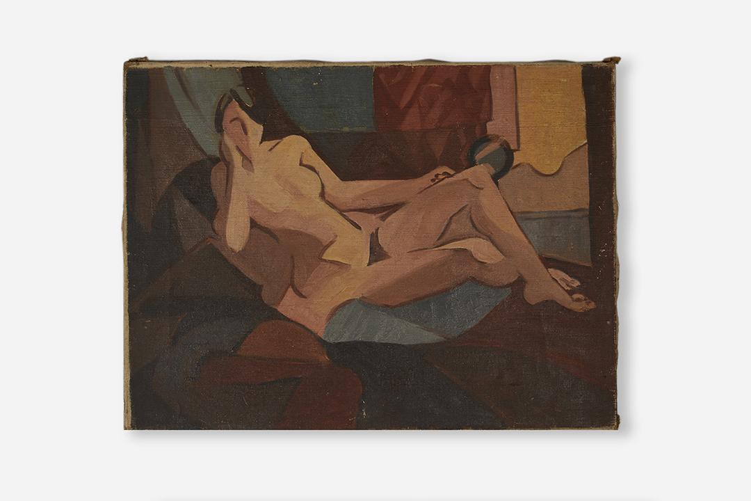 Cubist Female Nude Painting: Abstract figural acrylic on canvas painting, France, 1930. Signed and dated "Paris 1930 Alberto ....".