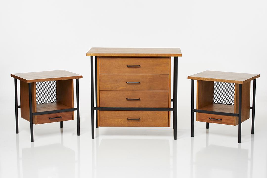 Donald Knorr Dresser and Nightstands (3): Walnut and painted iron dresser and pair of nightstands by Donald Knorr for Vista, 1950s. Property from the Estate of Bill Stern, Los Angeles, CA.