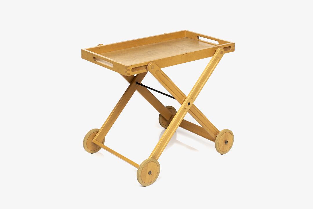 Nissen Collapsible Service Cart: Collapsible birch service cart by Nissen, 1982. Underside with paper Nissen label.