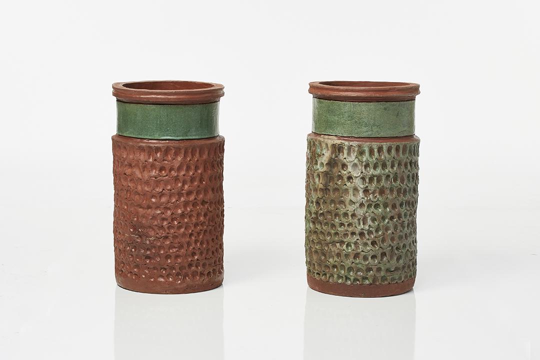 Stan Bitters Thumb Pots (2): Two thumb pots with green glaze by Stan Bitters, 1970s. Signed.