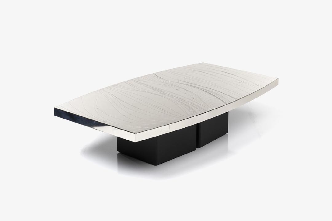 Christian Heckscher Surf Coffee Table: Surf table with etched stainless steel top on powder-coated metal base by Christian Heckscher, 2010s.