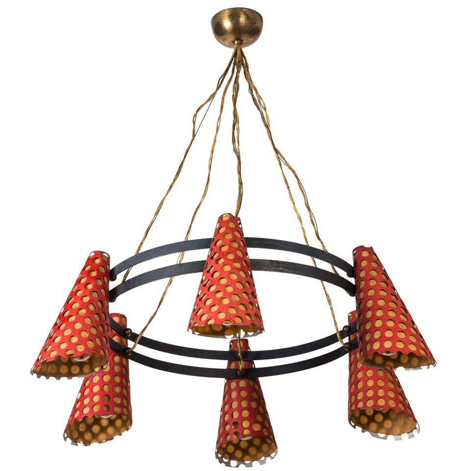 Disderot Six Shade Chandelier: Chandelier with six enameled metal and paper shades by Disderot, France, 1950s.