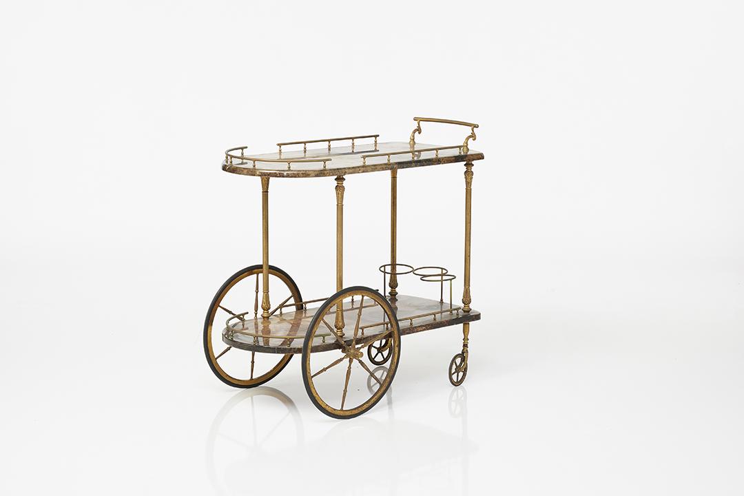 Aldo Tura Goatskin Service Cart: Two-tier lacquered goatskin and brass service cart with bottle holder by Aldo Tura, Italy, 1960s. Underside with paper label.