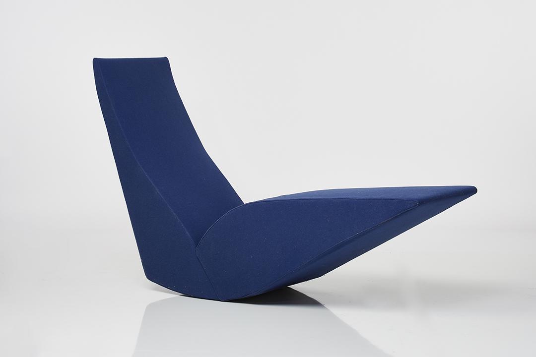 Tom Dixon Bird Chaise: Bird chaise upholstered in blue wool by Tom Dixon for Cappellini, Italy, designed 1991. Underside moulded with designer and manufacturer information.
