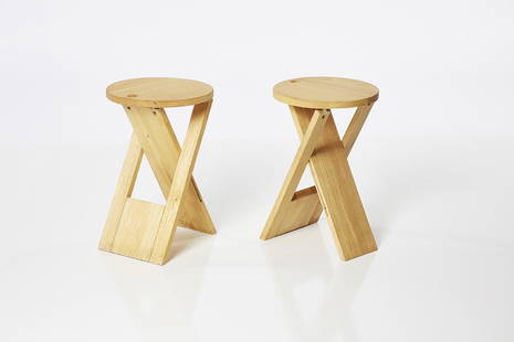 Roger Tallon Folding Stools (2): Pair of oak TS folding stools by Roger Tallon for Sentou, France, 1970s.