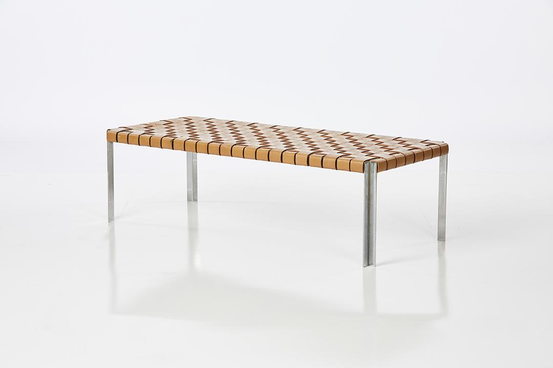 Estelle and Erwine Laverne Bench: Woven leather and chrome bench by Estelle and Erwine Laverne for Laverne Originals, 1950s.