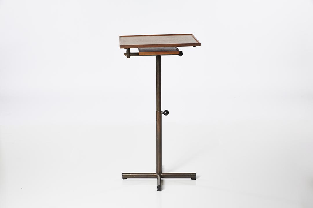 Francois Caruelle Adjustable Work Table: Vintage adjustable walnut and steel table by FranÃ§ois Caruelle produced by Embru-Werke, Switzerland, ca. 1942. Manufacturer's sticker to underside. Fully extended: 39.75 in. high, 32.5 in. wide.