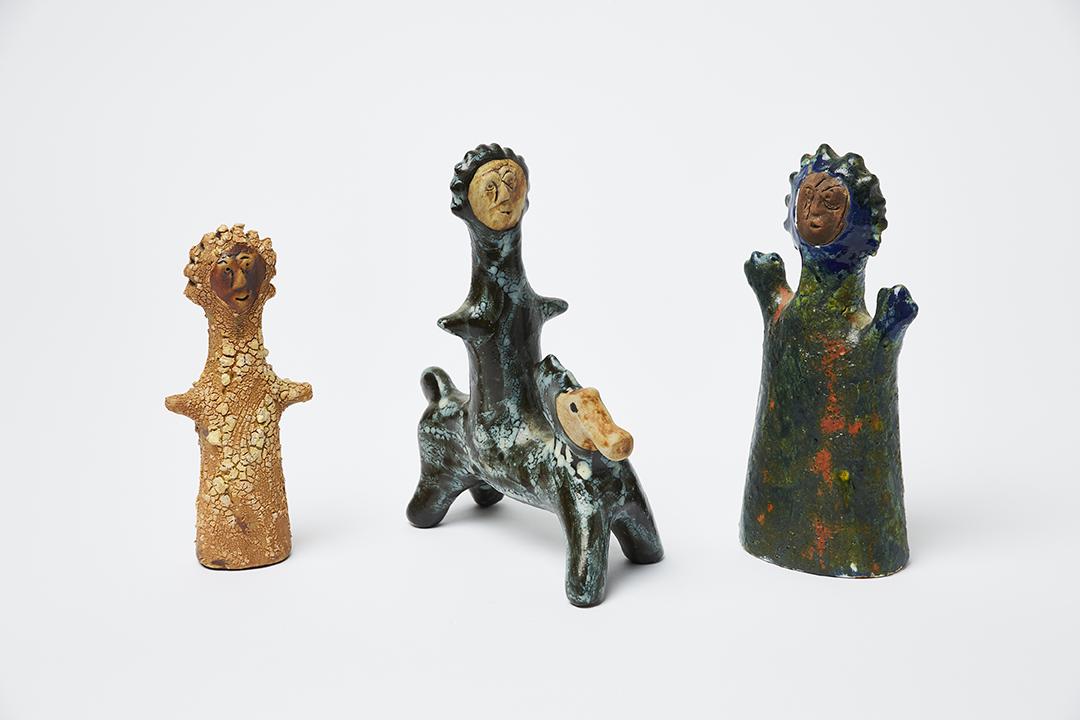 Stan Bitters Sun Person Sculptures (3): Trio of small Sun People glazed ceramic sculptures by Stan Bitters., 1960s. Smallest: 6.75 x 3 x 1.5 in.