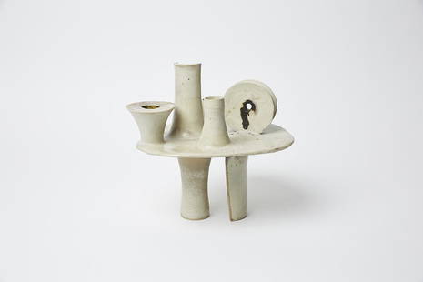 Ruth Duckworth Untitled Sculpture: Hand-built glazed stoneware sculpture with three wells by Ruth Duckworth, 1973. Underside with R73 in marker.