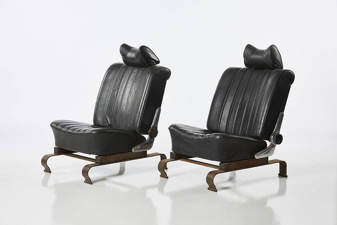 Mercedes Benz Lounge Chairs (2): Pair of lounge chairs crafted from vintage Mercedes Benz seats mounted to steel bases, 1980s.