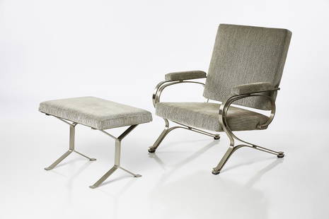 Giulio Moscatelli Micaela Lounge Chair and Ottoman (2): Sculptural upholstered brushed steel Micaela chair and ottoman by Giulio Moscatelli for Formanova, Italy, ca. 1970. Ottoman: 17.5 x 25 x 16.75 in.