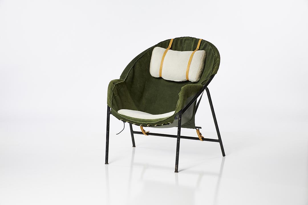 Erik Ole Jorgensen Lounge Chair: Shearling and suede sling lounge chair with painted steel frame by Erik Ole Jorgensen for Bovirke, Denmark, ca. 1953.