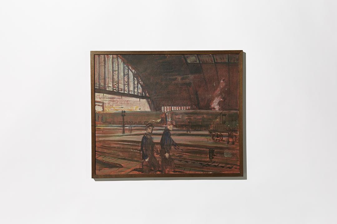 Clifford Schule Painting: Reading Terminal, Philadelphia oil on canvas by Clifford Schule, 1960s. Signed and titled verso.