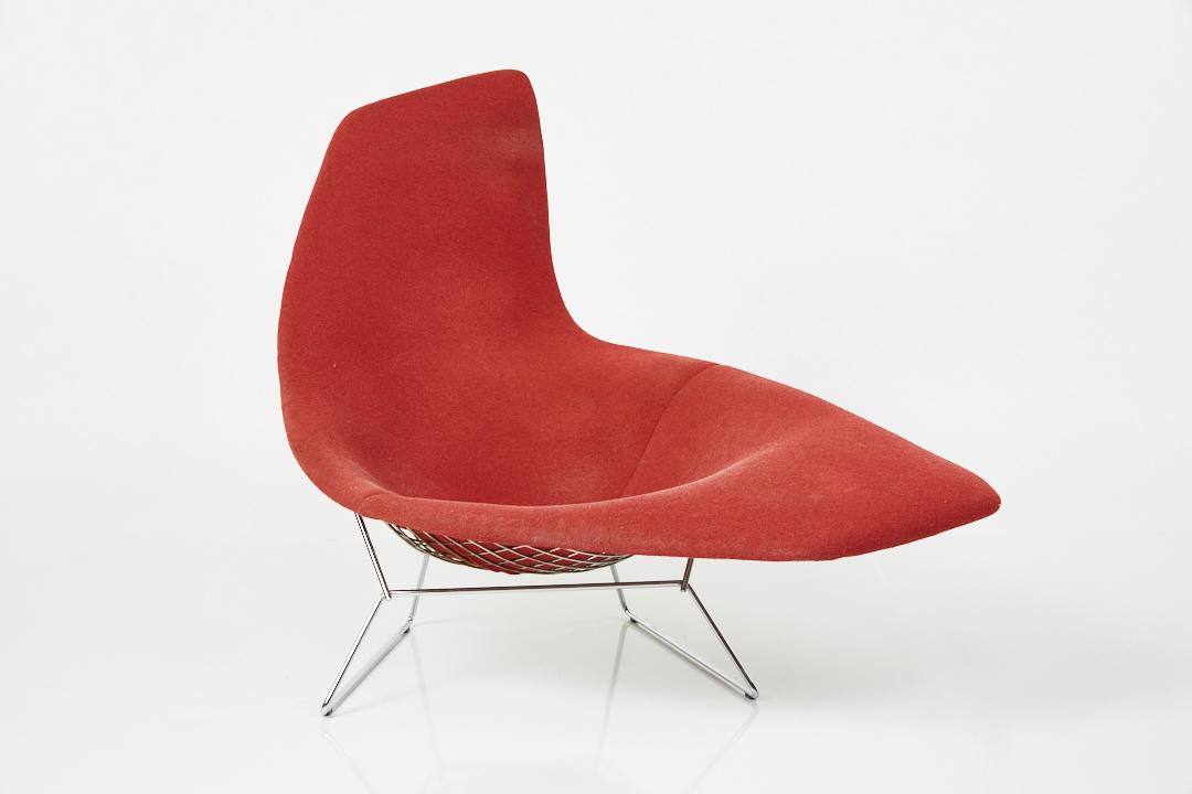 Harry Bertoia, 'Asymmetric Lounge' Chair: Harry Bertoia 'Asymmetric Lounge' chair, ca. 2005 Chrome-plated steel, boucle fabric. Manufactured by Knoll, Italy/USA. Underside with paper Knoll label and frame impressed with 'Knoll'.