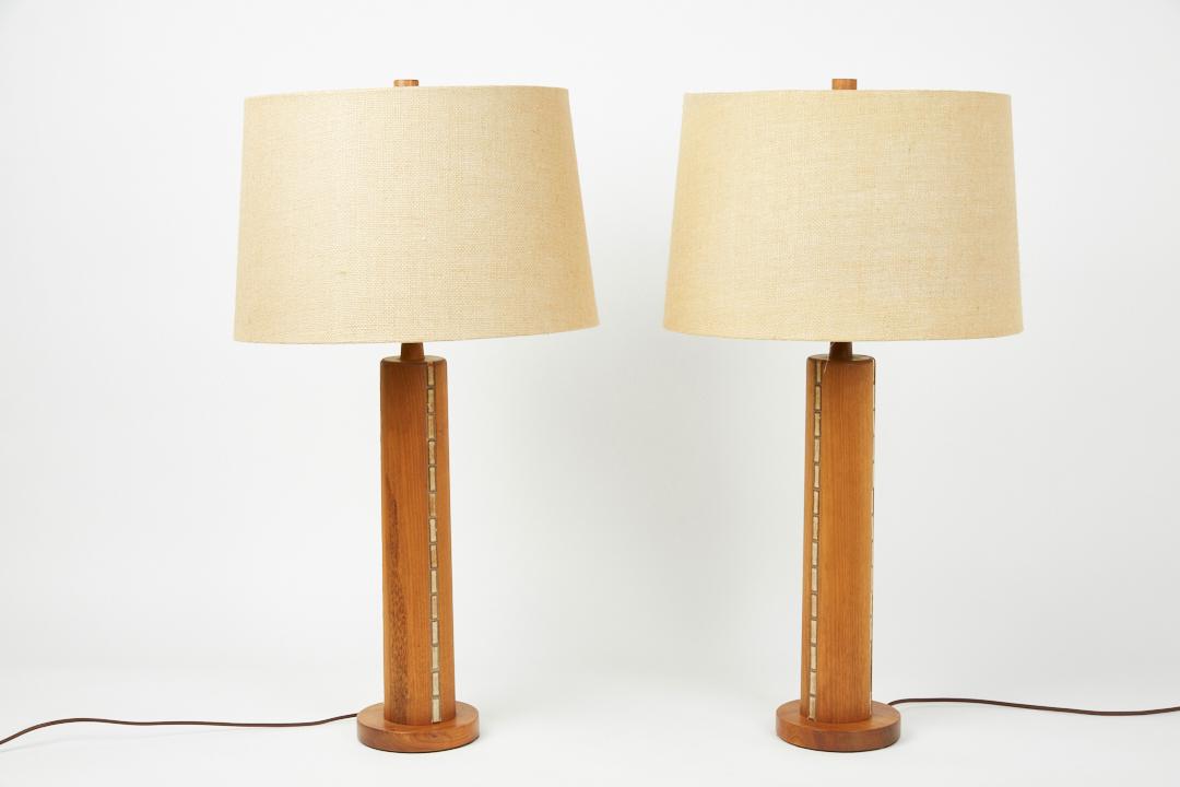 Gordon & Jane Martz, Table Lamps (2): Gordon & Jane Martz Pair of table lamps, ca. 1965 Walnut, glazed ceramic. Manufactured by Marshall Studios, USA. Together with new shades. Overall with shades: 32" x 16" diameter