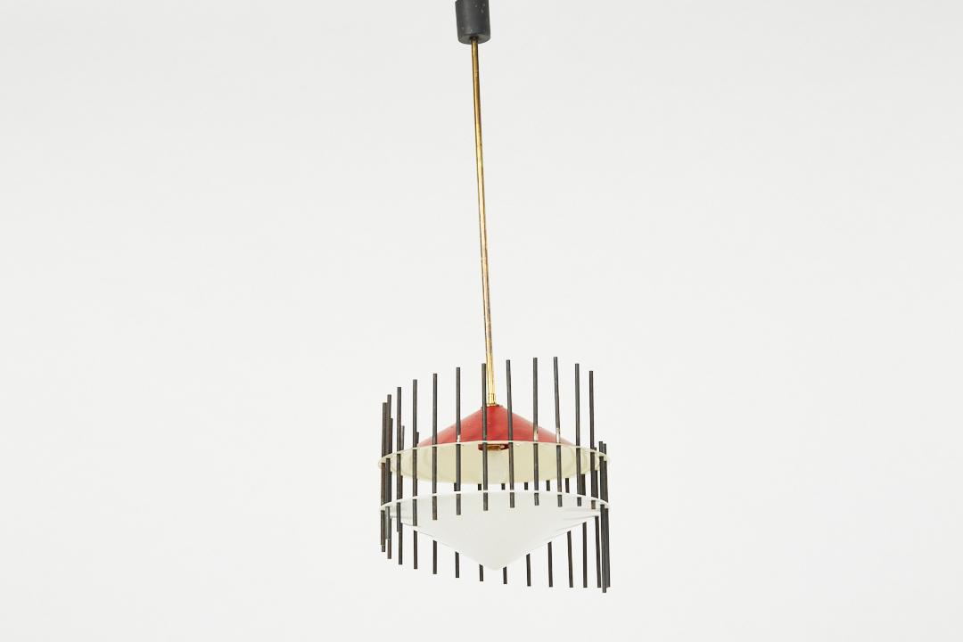 Angelo Brotto, Pendant Lamp: Angelo Brotto Pendant lamp, 1950s Painted aluminum, brass, acrylic. Manufactured by Esperia, Italy.