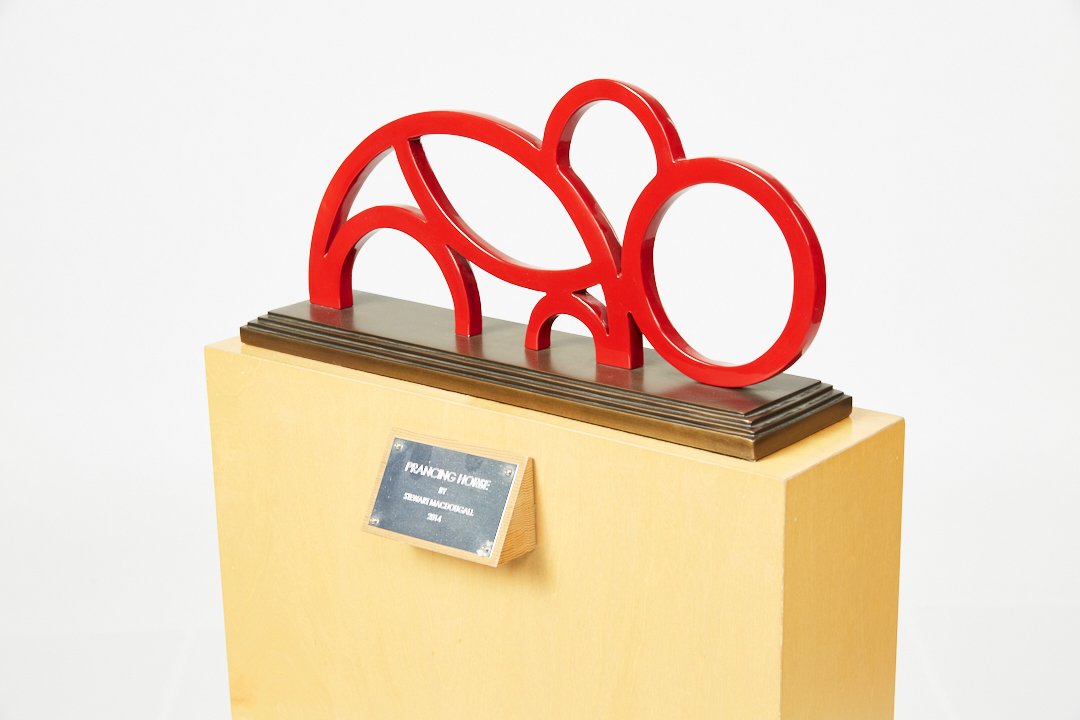 Stewart MacDougall, 'Prancing Horse' Sculpture: Stewart MacDougall (American, 1927-2016) 'Prancing Horse,' 2014 Bronze, painted metal. Mounted on birch and stained wood stand with chrome plaque 'Prancing Horse / by / Stewart MacDougall / 2014.' Ove