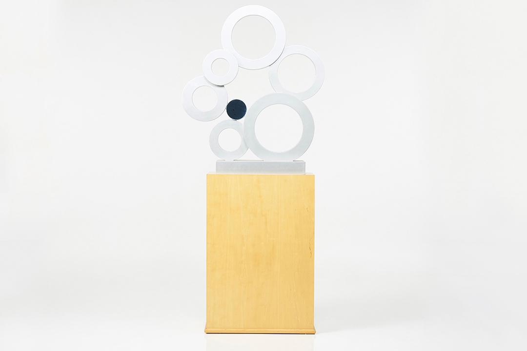Stewart MacDougall, 'Raindrops' Sculpture: Stewart MacDougall 'Raindrops' sculpture, 2000s Painted wood, mirrored acrylic. Mounted on birch base. Overall with base: 75 x 33 x 13.5 Property from the Estate of Stewart MacDougall, Santa Barbara, 