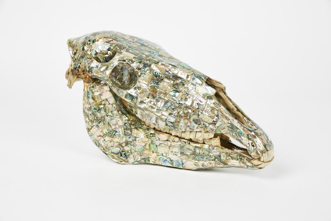 Los Castillo, Inlaid Horse Skull: Los Castillo Inlaid horse skull, 1960s Horse skull, abalone. Produced by Los Castillo, Mexico. Interior with Los Castillos metal label.