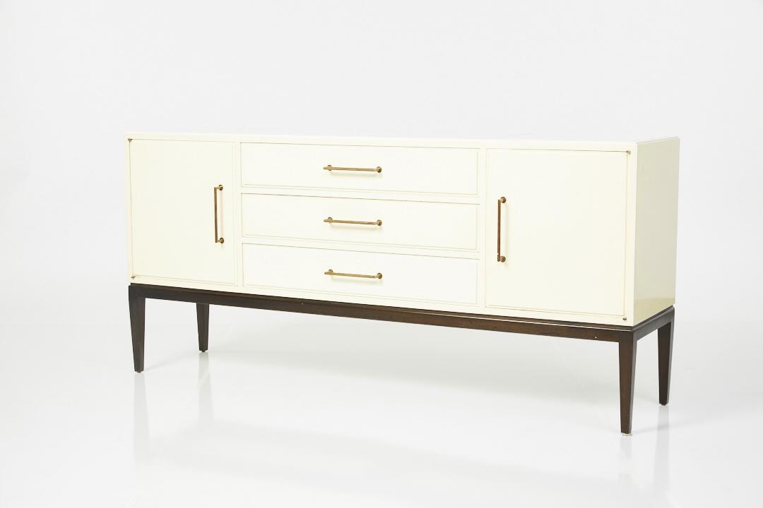 Tommi Parzinger, Commode: Tommi Parzinger Commode, 1950s Lacquered wood, mahogany, opaline glass, brass.