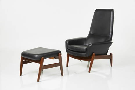 Ib Kofod Larsen, Reclining Lounge Chair and Ottoman (2): Ib Kofod Larsen Reclining lounge chair and ottoman, 1960s Teak, leather. Manufactured by Povl Dinesen, Denmark. Ottoman: 16" x 23" x 18"