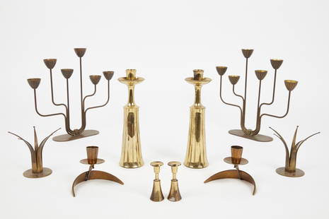 Modern, Various Candleholders (10): Modern Candleholders of various design, 1950s Brass, bronze. Various makers. Each marked. Comprising a pair of six-arm candelabras by Gunnar Ander for Ystad-Metall, Sweden; a pair of tall and pair of