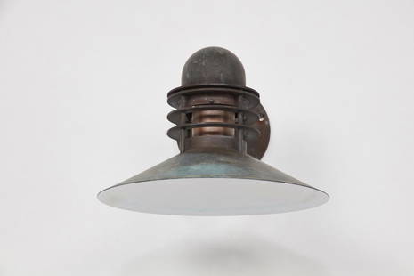 Alfred Homann & Ole V. Kjaer, 'Nyhavn' Outdoor Sconce: Alfred Homann & Ole V. Kjaer 'Nyhavn' outdoor sconce, ca. 1976 Patinated copper, painted copper. Manufactured by Louis Poulsen, Denmark. Mount plate with manufacturer's labels. Dimensions: 9" H