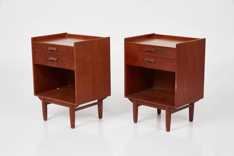 Borge Mogensen, Nightstands (2): Borge Mogensen Pair of nightstands, 1960s Teak. Manufactured by Poul Dinesen, Denmark. Undersides with foil label "supplied by POVL DINESEN/CABINETMAKER." Dimensions: 24.5" H 17.75" W 14" D.