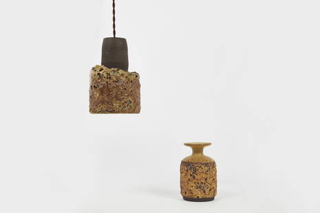 Adam Silverman, Vase and Pendant Lamp (2): Adam Silverman Studio vase and pendant lamp with lava glaze, 2000s Glazed and unglazed stoneware. Vase incised to underside with year "8.18." Vase: 5" x 3.25" Dimensions: 7" H 5" W 5" D.