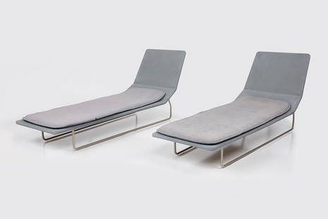 Francesco Rota, 'Island' Patio Lounge Chairs (2): Francesco Rota Pair of 'Island' patio lounge chairs, 2004 Steel, waterproof woven fabric, thermoformed polyethylene. Manufactured by Paola Lenti, Italy. Each piece with plastic label "Paola Lenti/Made