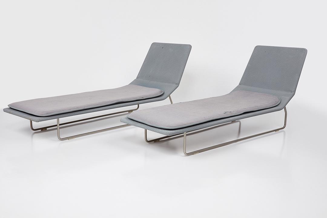 Francesco Rota, 'Island' Patio Lounge Chairs (2): Francesco Rota Pair of 'Island' patio lounge chairs, 2004 Steel, waterproof woven fabric, thermoformed polyethylene. Manufactured by Paola Lenti, Italy. Each piece with plastic label "Paola Lenti/Made