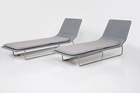 Francesco Rota, 'Island' Patio Lounge Chairs (2): Francesco Rota Pair of 'Island' patio lounge chairs, 2004 Steel, waterproof woven fabric, thermoformed polyethylene. Manufactured by Paola Lenti, Italy. Each piece with plastic label "Paola Lenti/Made