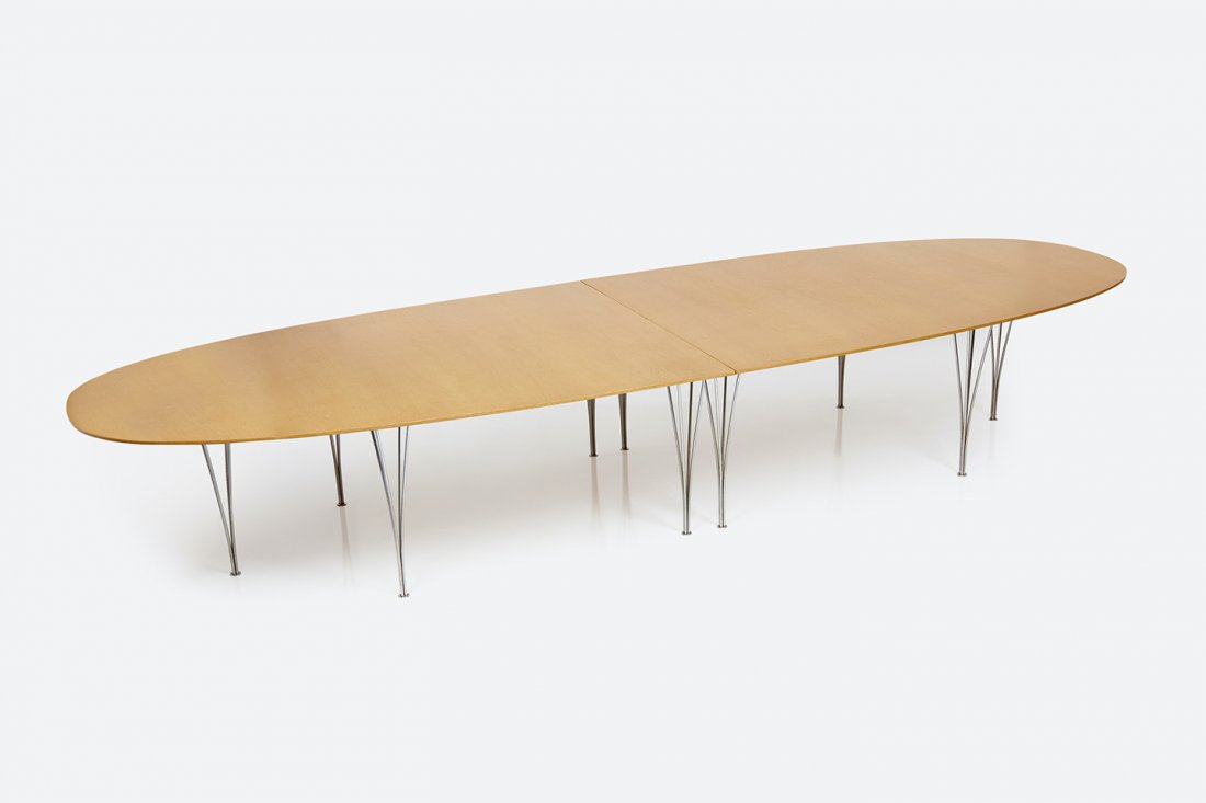 Bruno Mathsson & Piet Hein, 'Superellipse' Table: Bruno Mathsson & Piet Hein 'Superellipse' conference table, model no. 7208, 1970s Birch, chrome-plated steel. Manufactured by Fritz Hansen, Denmark. Underside with metal manufacturer's label. 27.75"