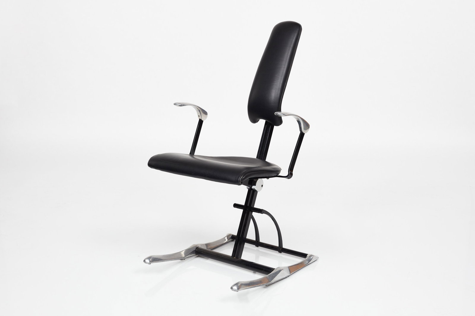 Michael Dye, 'Meridio' Work Chair: Michael Dye 'Meridio' work chair, 1990s Painted metal, polished aluminum, fabric. Manufactured by Hillie Executive Furniture and Seating Co., England. Underside with foil manufacturer's label. 39.75" 