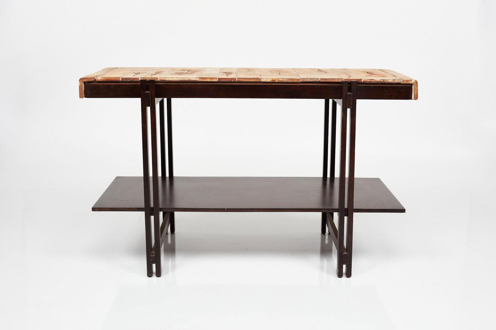 Roger Capron, 'Garrigue' Console Table: Roger Capron 'Garrigue' console table, 1970s Stoneware tiles, ebonized wood. Manufactured by Vallauris, France. 34" H x 56.5" W x 25.75" D