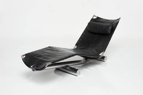 Paul Tuttle, 'Chariot' Chaise Lounge: Paul Tuttle 'Chariot' chaise lounge, ca. 1972 Leather, chrome-plated steel, painted metal. Manufactured by Strassle International, Switzerland. 28" H x 72" W x 24" D