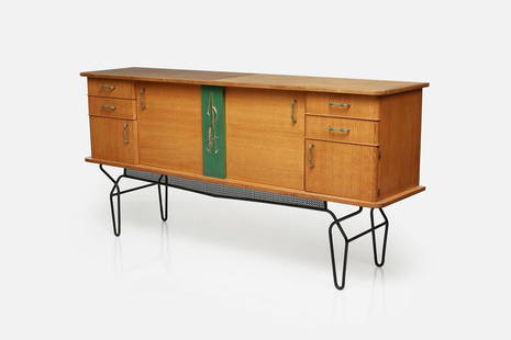 A.R.P., Raised Sideboard: Atelier de Recherche Plastique (A.R.P.) Raised sideboard, 1954-1957 Oak, painted metal, plastic laminate, metal. Made in France. 43" H x 88.25" W x 21.25" D Atelier de Recherche Plastique (A.R.P)