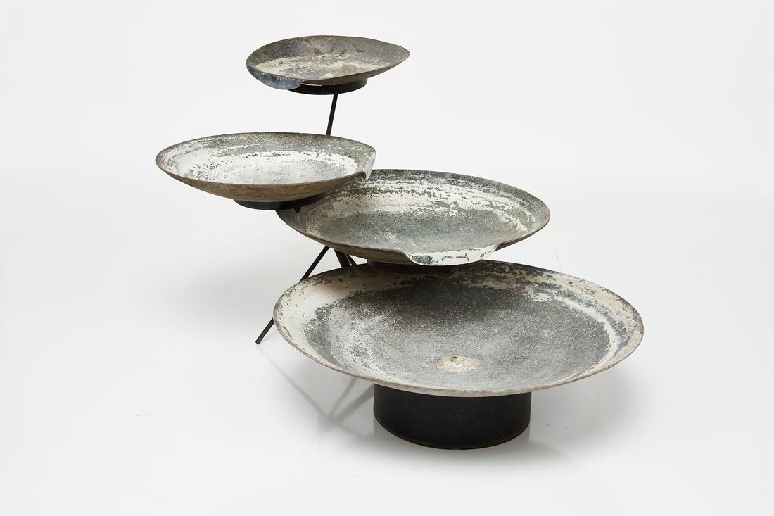 Modernist, Four-Tier Fountain: Modernist Four-tier fountain, 1950s Painted steel, fiberglass. 32" H x 39" W x 54" D