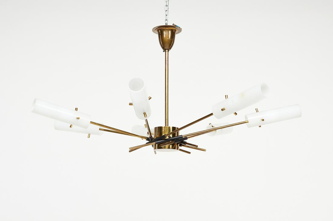 Arteluce, Chandelier: Arteluce Six-arm chandelier, 1960s Opaque acrylic, brass, painted metal. Manufactured by Arteluce, Italy. 18.5" H x 40" Diameter